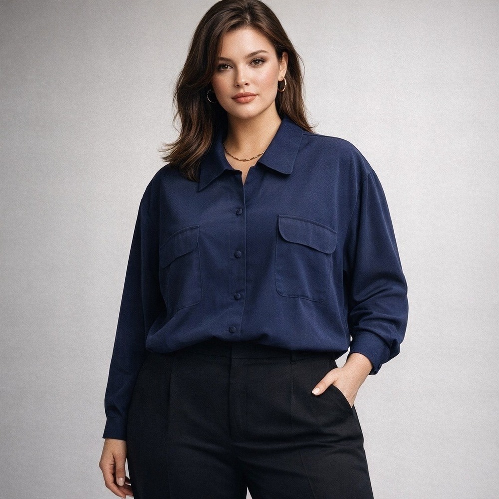Vtg 90s Maggie Barnes Navy Blue Utility Blouse 26W‎ Plus Size Boxy Pockets 4x